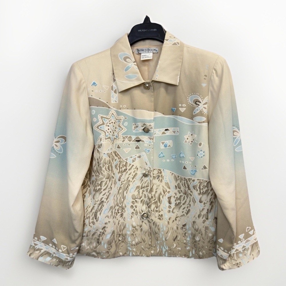 Vintage Nancy‎ Bolen City Girl Silk Jacket S Artsy Boho Beaded Rhinestone 90s